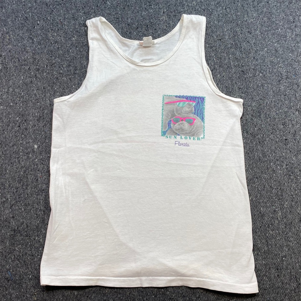 Sun Lover Florida Tank Top Sz M Mens White 90s Retro Manatee Single Stitch